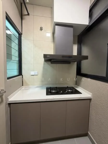 Kitchen features: grey cabinetry, white countertop, built-in gas hob with two burners, stainless-steel range hood, tile backsplash, window for natural light, light grey flooring, wall-mounted cabinet; style: modern.