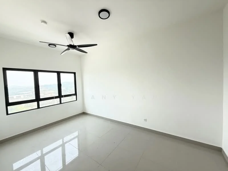 Room features: white painted walls, polished tile flooring, 5-blade ceiling fan, floor-to-ceiling windows, city view; style: modern; view: city.
