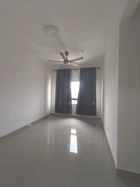 Room features: white painted walls, grey tiled flooring, 5-blade ceiling fan, floor-to-ceiling window, blackout curtains; style: modern.
