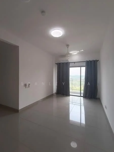 Living features: white painted walls, glossy ceramic tile flooring, 5-blade ceiling fan with light, sliding glass door, floor-to-ceiling windows, grey curtains, natural light from window, balcony view; style: modern; view: garden.