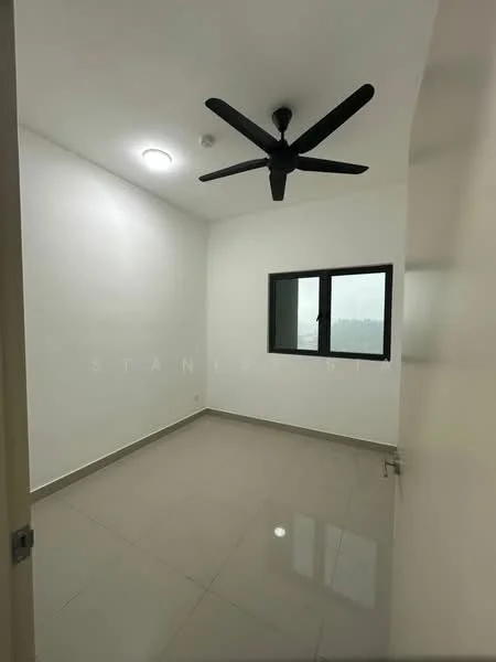 Room features: white painted walls, ceiling fan, recessed ceiling light, grey tiled flooring, single window with black frame, no visible furniture; style: modern.