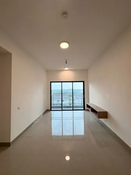 Living features: white painted walls, polished ceramic tile flooring, recessed downlights, large sliding glass door, floor-to-ceiling windows, wooden wall-mounted shelf, open layout, city view; style: modern; view: city.