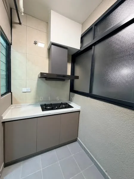 Kitchen features: grey laminate cabinetry, white countertop, built-in gas hob, exhaust hood, tile backsplash, grey tile flooring, window with frosted glass, wall-mounted storage, light fixture, corner layout; style: modern.