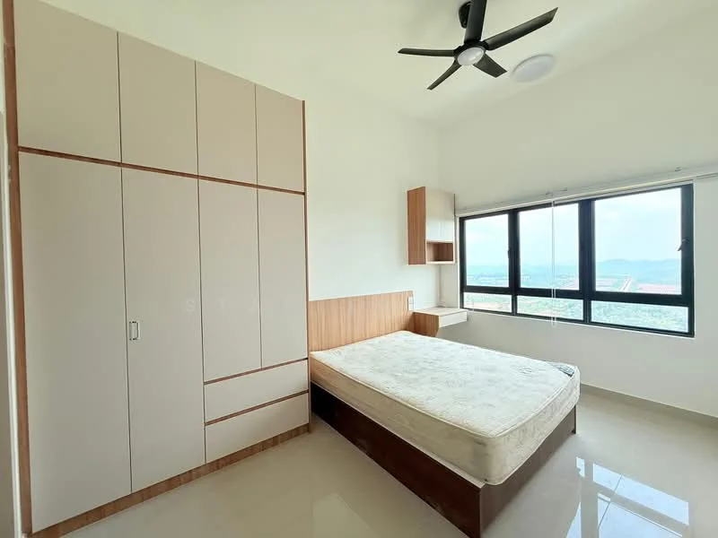 Bedroom features: queen-size bed, built-in wardrobe with sliding doors, wooden headboard, study desk with shelf, floor-to-ceiling windows, city view, cream painted walls, polished tile flooring, ceiling fan with light; style: modern; view: city.