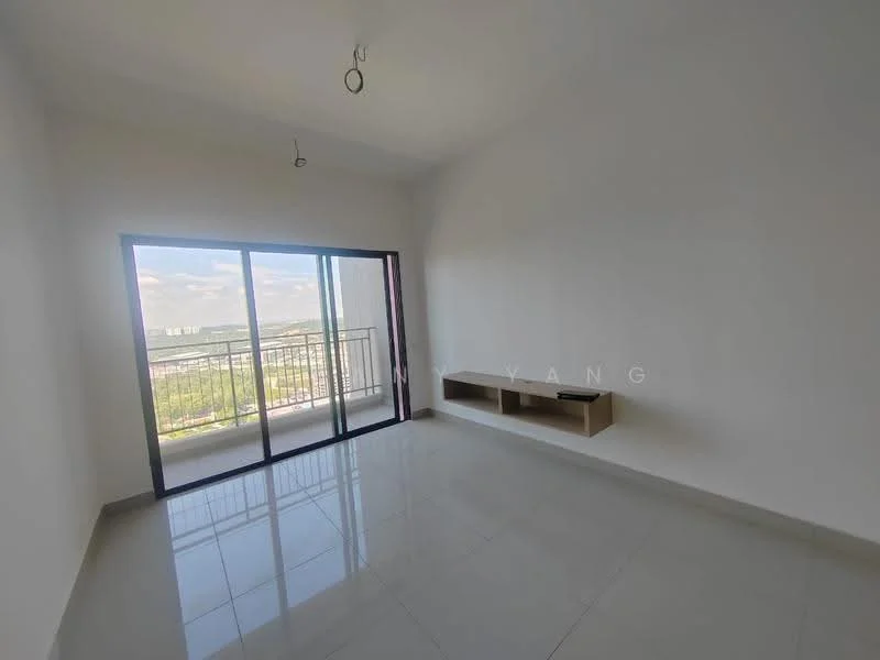 Living features: white painted walls, glossy ceramic tile flooring, floor-to-ceiling windows, sliding glass door, balcony access, ceiling light fixture, built-in shelf, city view; style: modern; view: city.