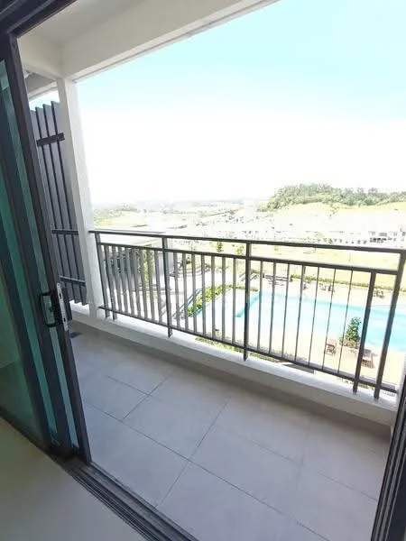 Room features: balcony, metal railing, sliding glass door, tile flooring, pool view, outdoor space, sunlight exposure, landscaped area visible; view: pool.