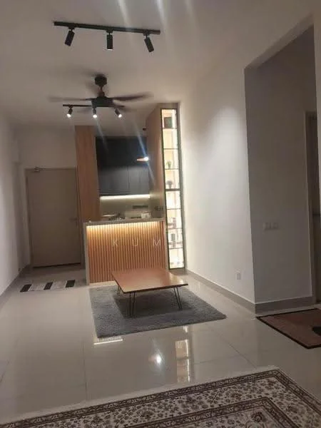 Living features: polished tile flooring, white painted walls, 5-blade ceiling fan with light, recessed LED downlights, wooden cabinetry, black kitchen countertop, open layout, coffee table, area rug, wall-mounted kitchen shelves, kitchen island, glass panel partition; style: modern.