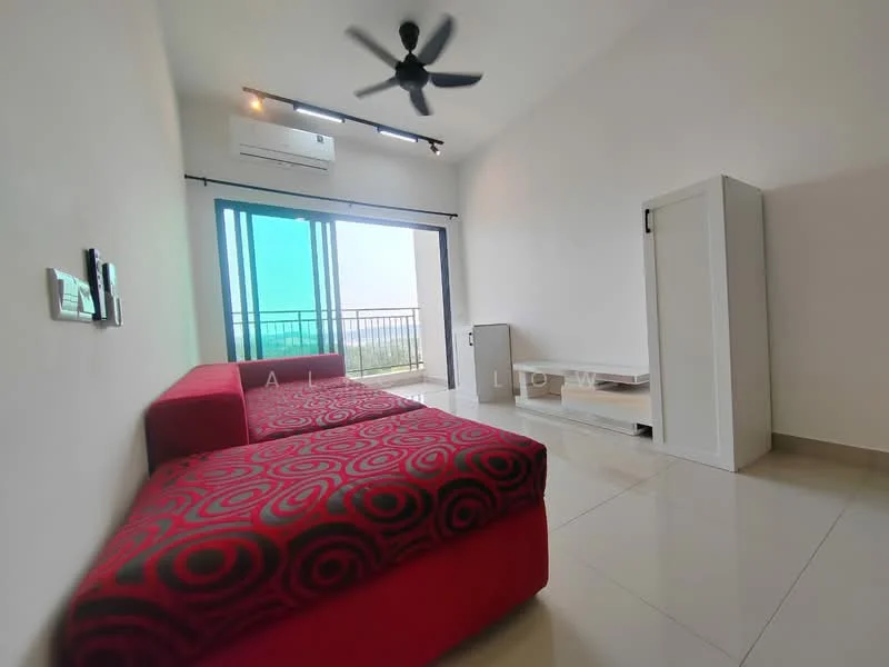 Living features: red sofa with circular pattern, white wall-mounted TV console, floor-to-ceiling windows, sliding glass door, white painted walls, ceiling fan, air conditioning unit, glossy tile flooring, balcony view, decorative wall switch, open space layout; style: modern; view: city.