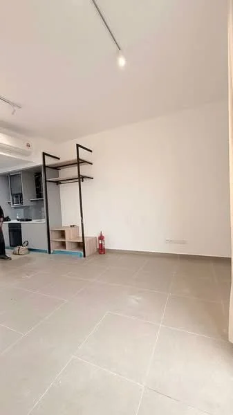 Room features: white painted walls, grey tile flooring, open shelving unit, built-in cabinet, fire extinguisher, recessed ceiling lights; style: modern.