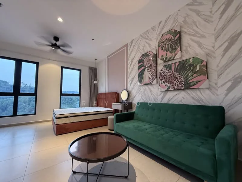 Living features: green fabric sofa, round coffee table, floor-to-ceiling windows, mountain view, light-colored tile flooring, ceiling fan, decorative wall art with tropical theme, upholstered headboard, queen-size bed frame without mattress, curtains, accent wall with marble pattern; style: modern; view: mountain.