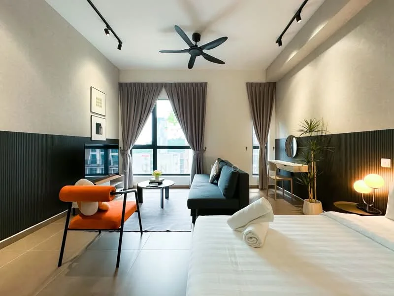 Living features: sofa in grey fabric, orange accent chair, coffee table, wall-mounted TV, TV console, floor-to-ceiling windows, sheer curtains, recessed downlights, ceiling fan with light, decorative plant, area rug, grey painted walls, tile flooring; style: modern; view: city. Room features: white bedding, towels, bedside lamp.
