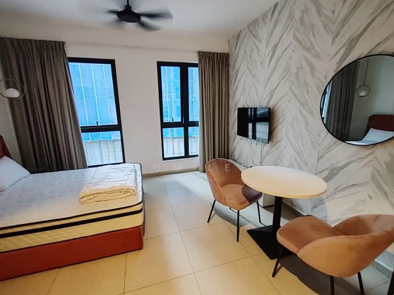 Room features: queen-size bed with white bedding, upholstered headboard, 2 pink upholstered chairs, round black dining table, wall-mounted TV, large round mirror, grey marble accent wall, floor-to-ceiling windows, curtains, light-colored tile flooring, ceiling fan; style: modern; view: city.