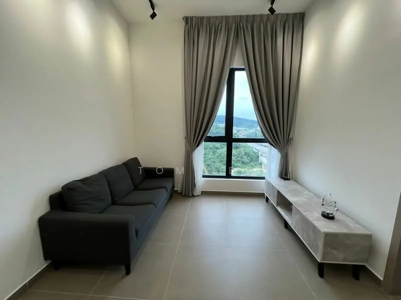 Living features: 3-seater fabric sofa in grey, floor-to-ceiling window, sheer curtains, light grey tiled flooring, wall-mounted TV console in light grey, decorative item on console, recessed lighting, neutral painted walls; style: modern; view: city.