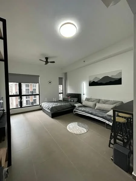 Living features: queen-size bed, upholstered headboard, 3-seater fabric sofa in grey, coffee table, area rug with circular pattern, floor-to-ceiling windows, blackout curtains, ceiling fan with light, wall-mounted clock, light-colored walls, tile flooring, decorative wall art; style: modern.
