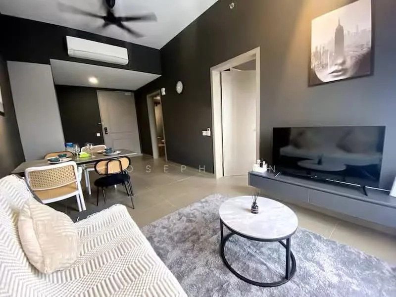 Living features: 3-seater fabric sofa in white, coffee table with round top, area rug in grey, wall-mounted TV, TV console in light grey, 5-blade ceiling fan with light, recessed downlights, cream painted walls, tile flooring, decorative wall art, dining table with 4 chairs, open layout to dining area; style: modern.