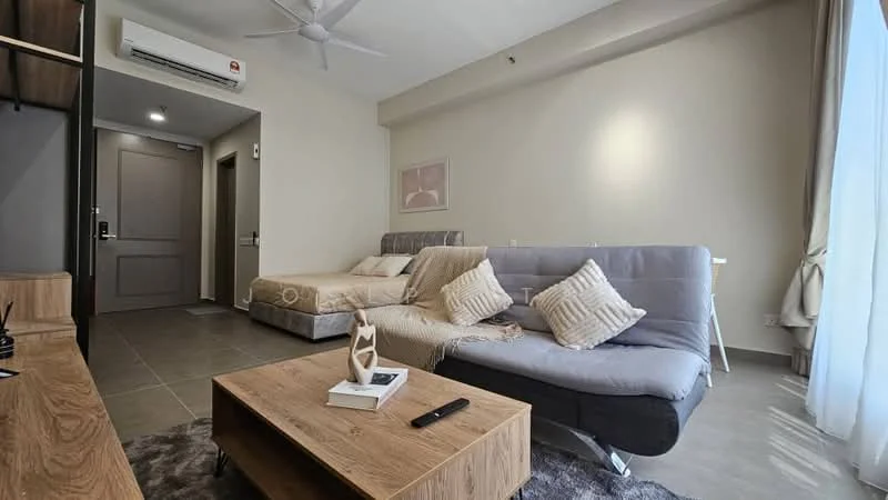 Living features: grey fabric sofa bed, wooden coffee table, area rug, wall-mounted TV console, ceiling fan, large window with sheer curtains, neutral painted walls, tile flooring, decorative artwork on wall; style: modern. Room features: queen-size bed with beige bedding, decorative pillows, side table, doorway leading to hallway.
