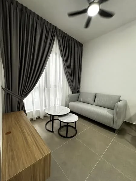 Living features: grey fabric sofa, two round coffee tables with marble tops, wooden console table, floor-to-ceiling windows, sheer white curtains, grey blackout curtains, ceiling fan with light, tile flooring in light grey; style: modern.