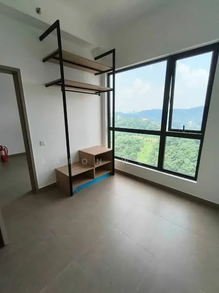 Room features: large windows with mountain view, light grey tiled flooring, open shelving unit with black frame, wooden shelving, built-in storage unit, neutral wall color, high ceiling, natural light; style: modern; view: mountain.