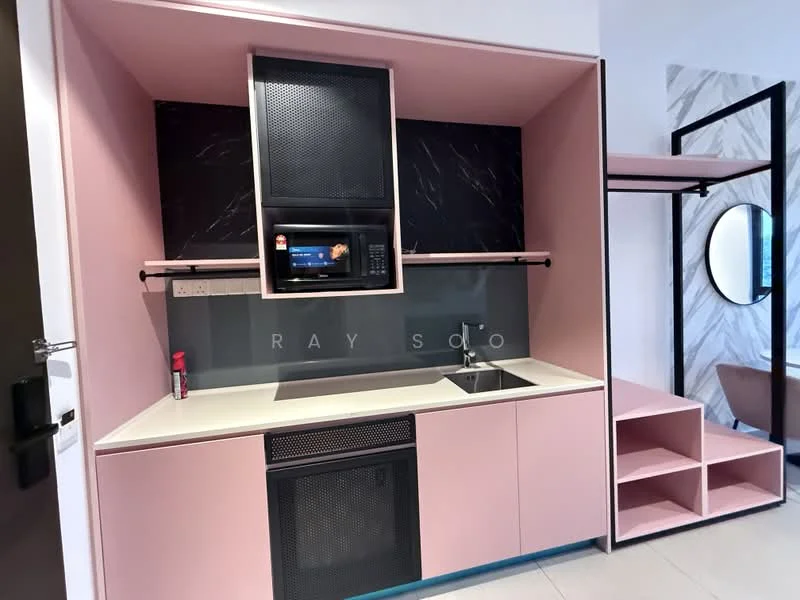 Kitchen features: pink cabinetry, white countertop, single-bowl stainless-steel sink, chrome faucet, built-in microwave, black marble backsplash, open shelving, cabinet with ventilation grill, integrated appliances; style: modern.