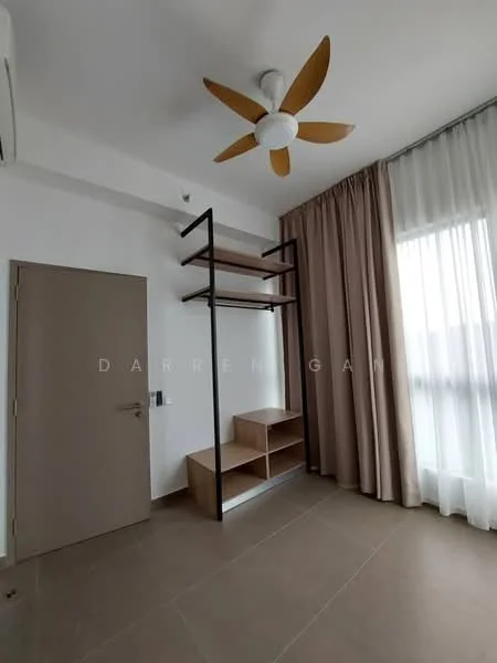 Room features: 5-blade ceiling fan with light, floor-to-ceiling window with sheer curtains, light-colored walls, tan tiled flooring, built-in shelving unit, open shelving, curtains, door, air conditioning unit; style: modern.