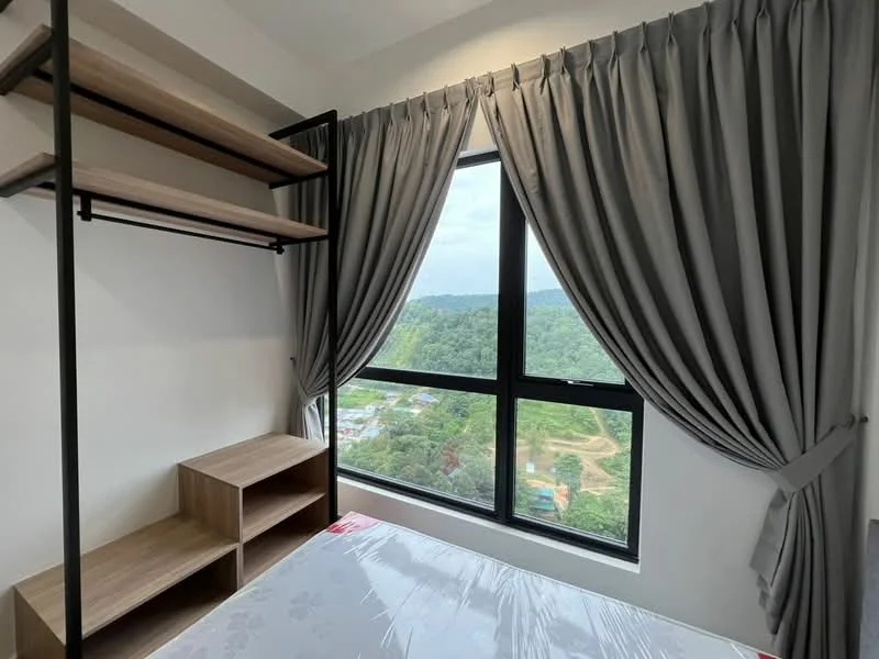 Bedroom features: floor-to-ceiling windows, grey curtains, wooden shelving unit, wooden bedside table, queen-size bed, mountain view; style: modern; view: mountain.