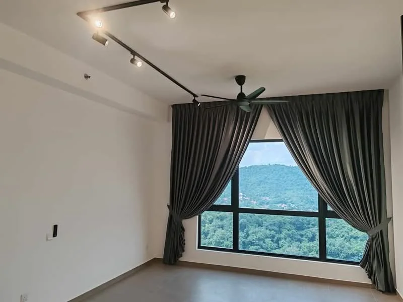 Room features: floor-to-ceiling windows, blackout curtains, 5-blade ceiling fan, recessed LED downlights, plain white walls, concrete flooring, mountain view; style: modern; view: mountain.