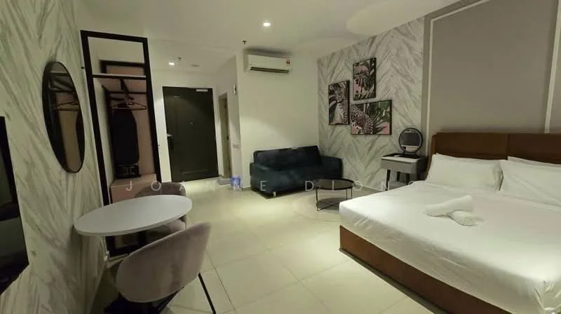 Bedroom features: king-size bed with white bedding, upholstered headboard, 2 bedside lamps, wall-mounted TV, small round dining table, upholstered chair, sofa in dark blue fabric, built-in wardrobe with sliding doors, white tiled flooring, air conditioning unit, decorative wall art with tropical theme, grey accent wall, floor-to-ceiling mirror; style: modern.
