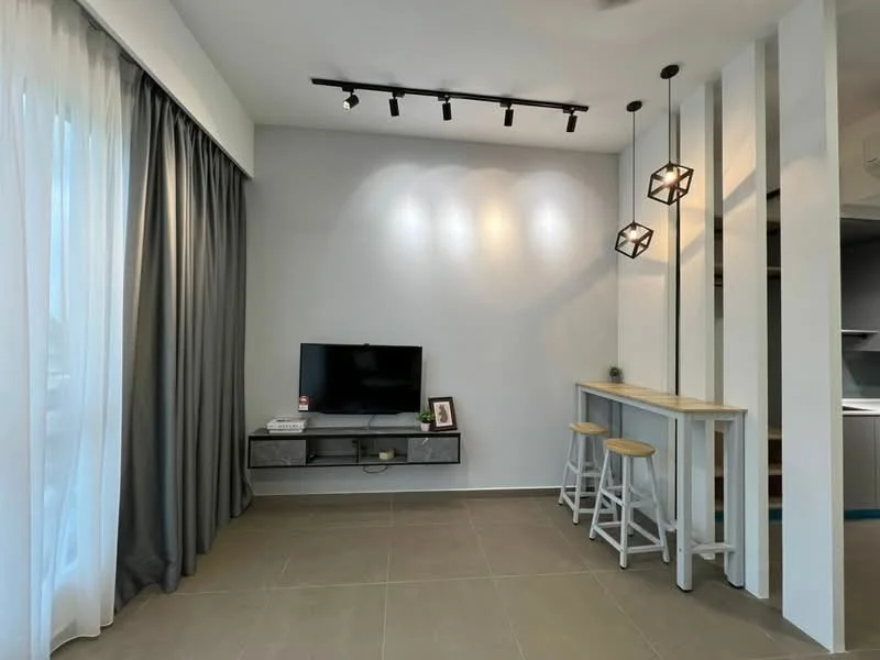 Living features: grey tiled flooring, white painted walls, recessed downlights, track lighting with three spots, wall-mounted TV, TV console with drawers, bar counter with two stools, floor-to-ceiling curtains, open layout to kitchen, decorative wall partition; style: modern.