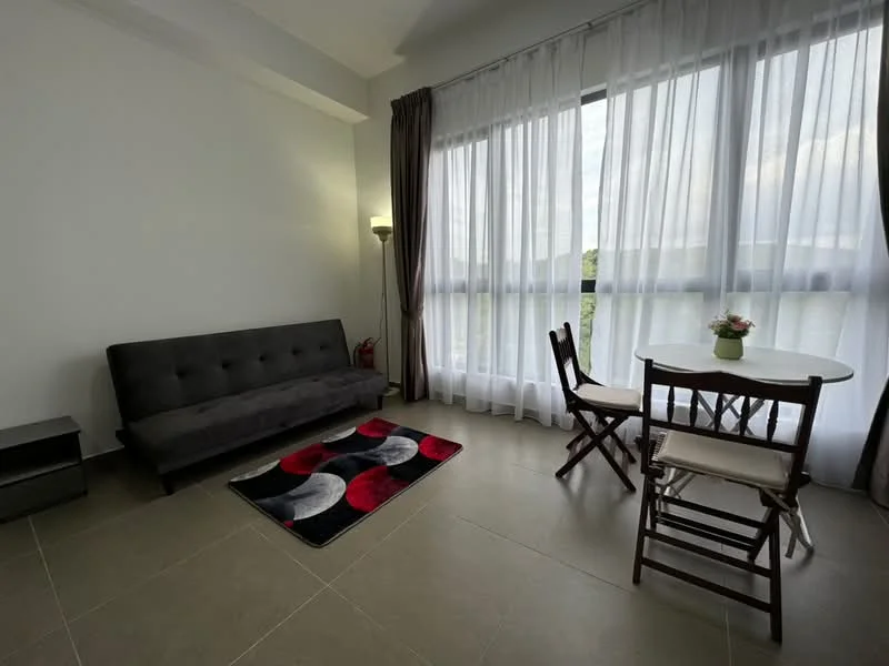 Living features: grey fabric sofa, round dining table, two wooden dining chairs, area rug with geometric pattern in red, black, and white, floor-to-ceiling windows, sheer curtains, dark curtain drapes, laminate flooring, table lamp, decorative plant in ceramic pot; style: modern; view: garden.