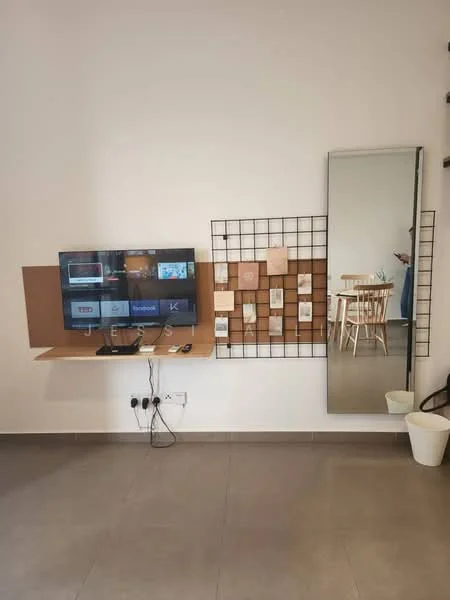 Living features: wall-mounted TV, wooden TV console, grid wall display, large mirror, light-colored walls, grey tile flooring, dining table with wooden chairs, decorative wall art, potted plant; style: modern.