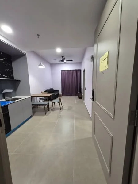 Room features: grey tiled flooring, light purple painted walls, ceiling fan, pendant light, black kitchen cabinetry, white countertop, dining table with chairs, sofa, curtains, doorway, open layout; style: modern.