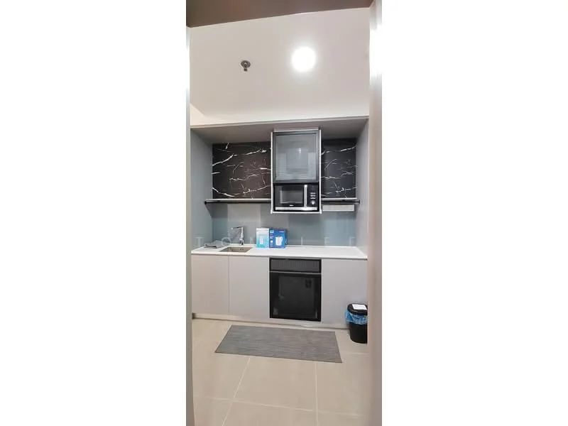 Kitchen features: white cabinetry, black countertop, built-in microwave, built-in oven, stainless-steel sink, chrome pull-down faucet, grey backsplash with marble pattern, tile flooring, recessed downlights, kitchen rug, open shelving; style: modern.