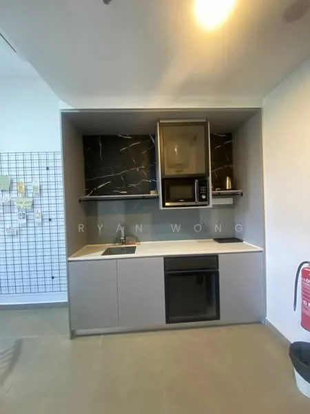 Kitchen features: grey cabinetry, white countertop, black marble backsplash, built-in microwave, built-in oven, stainless-steel sink, chrome pull-down faucet, ceramic tile flooring, open shelving, wall-mounted pegboard, recessed downlights; style: modern.