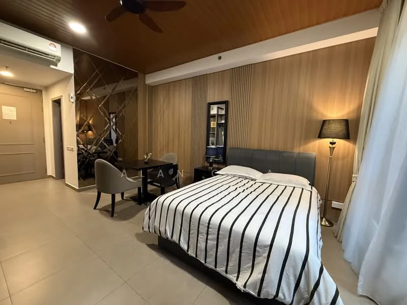 Bedroom features: king-size bed with white striped bedding, upholstered headboard, wood panel accent wall, mirrored wall, nightstand with lamp, desk with chair, floor-to-ceiling window with sheer curtains, ceiling fan, tile flooring, air conditioning unit; style: modern.