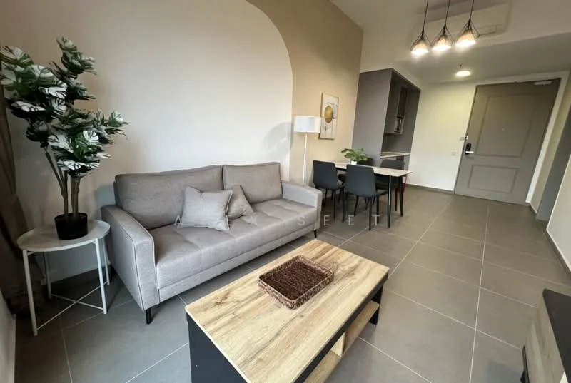 Living features: grey fabric sofa, wood coffee table, decorative plant in ceramic pot, 4-seater dining table, pendant lighting with three bulbs, grey tiled flooring, neutral painted walls, wall-mounted TV console, door leading to hallway; style: modern.