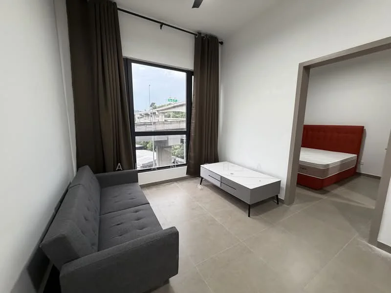 Living features: grey fabric 3-seater sofa, white coffee table with drawers, floor-to-ceiling window, brown curtains, tile flooring, white painted walls, ceiling light fixture; style: modern; view: city. Bedroom features: red upholstered bed frame, mattress on bed, white walls, tile flooring; style: modern.