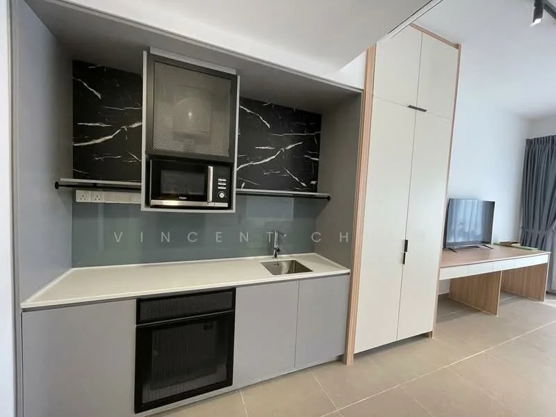 Kitchen features: grey cabinetry, white countertop, single-bowl stainless-steel sink, chrome pull-down faucet, built-in microwave, built-in oven, black marble backsplash, ceramic tile flooring, recessed downlights, wall-mounted TV, open shelving; style: modern.