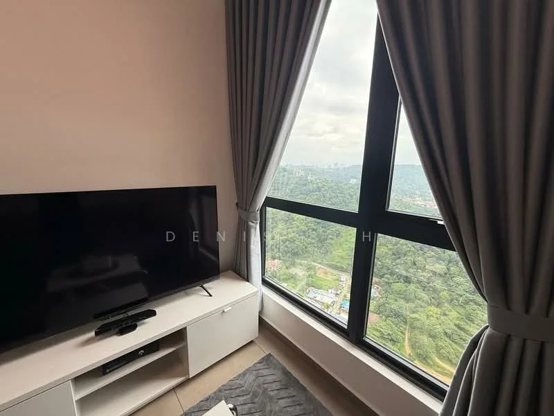 Living features: floor-to-ceiling windows, grey curtains, wall-mounted TV, white TV console, light-colored flooring, area rug, view of greenery, decorative items on console; style: modern; view: mountain.