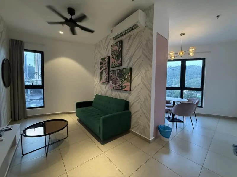 Living features: green fabric sofa, round coffee table, wall-mounted TV, 5-blade ceiling fan, recessed downlights, air conditioning unit, decorative wall art, large windows with city view, tile flooring, curtains, accent wall with herringbone pattern; style: modern; view: city.