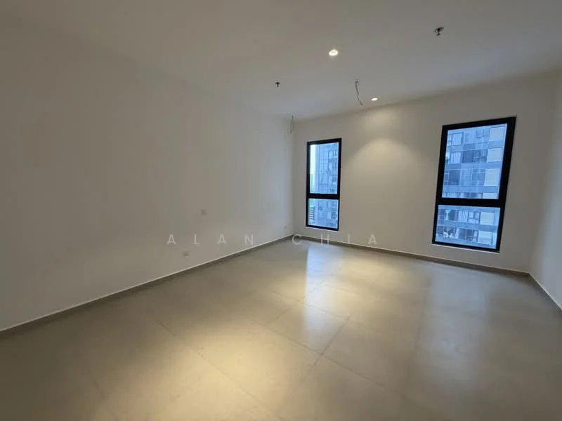 Room features: white painted walls, grey tiled flooring, 2 floor-to-ceiling windows, recessed downlights, no visible furniture, open layout, neutral color scheme, no visible decor; style: modern; view: city.