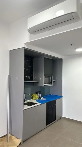 Kitchen features: grey cabinetry, blue countertop, single-bowl stainless-steel sink, chrome pull-down faucet, built-in oven, black refrigerator, ceramic tile flooring, wall-mounted split AC, recessed downlights; style: modern.
