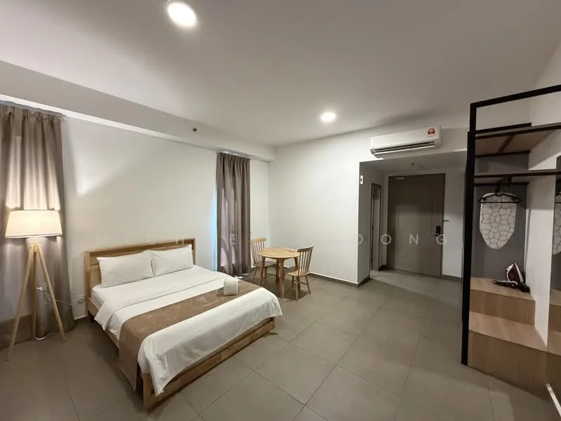 Bedroom features: queen-size bed with white bedding, wooden bed frame, two bedside tables, table lamp, light grey curtains, wall-mounted air conditioning unit, tile flooring, wall-mounted coat rack, small dining table with two chairs, open closet with shelving, neutral painted walls, recessed ceiling lights; style: modern.