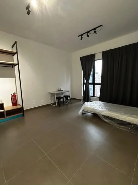 Room features: white painted walls, grey tiled flooring, black curtains, track lighting, desk, fire extinguisher, open shelving unit, single bed with mattress, floor-to-ceiling window; style: modern; view: city.