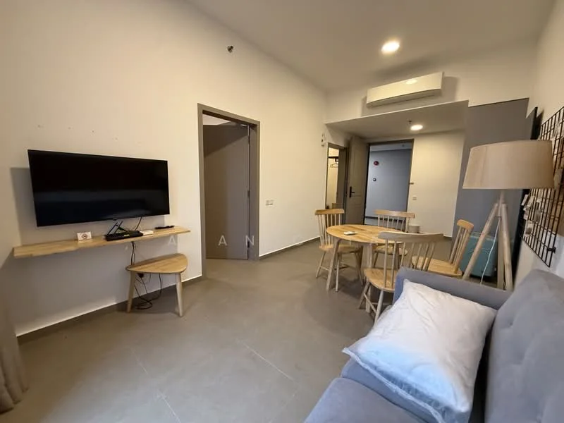 Living features: grey fabric sofa, wooden coffee table, wooden dining table with four chairs, wall-mounted TV, air conditioning unit, light-colored walls, tile flooring, floor lamp, doorway leading to other rooms, window with natural light; style: modern.