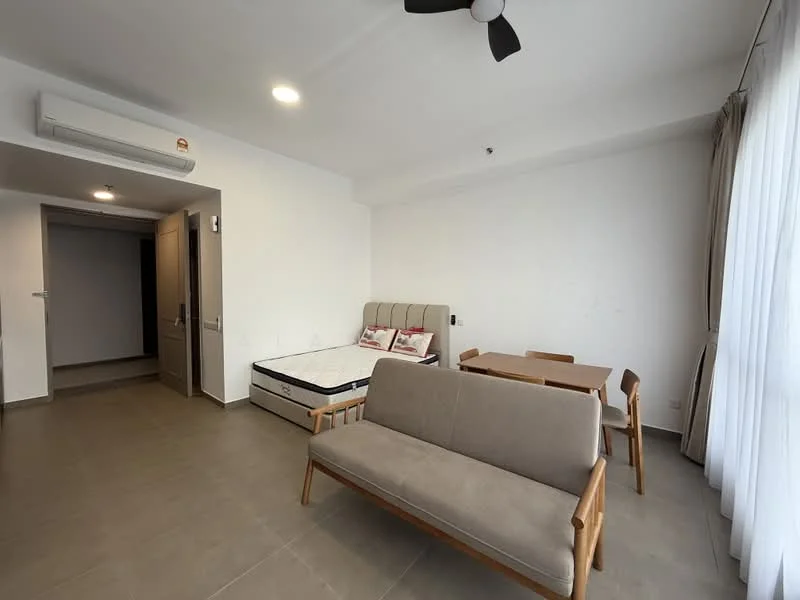 Living features: grey tiled flooring, white painted walls, 5-blade ceiling fan, wall-mounted air conditioning unit, large window with sheer curtains, sofa with wooden frame, dining table with wooden legs, mattress on bed frame, light fixture in ceiling; style: modern.