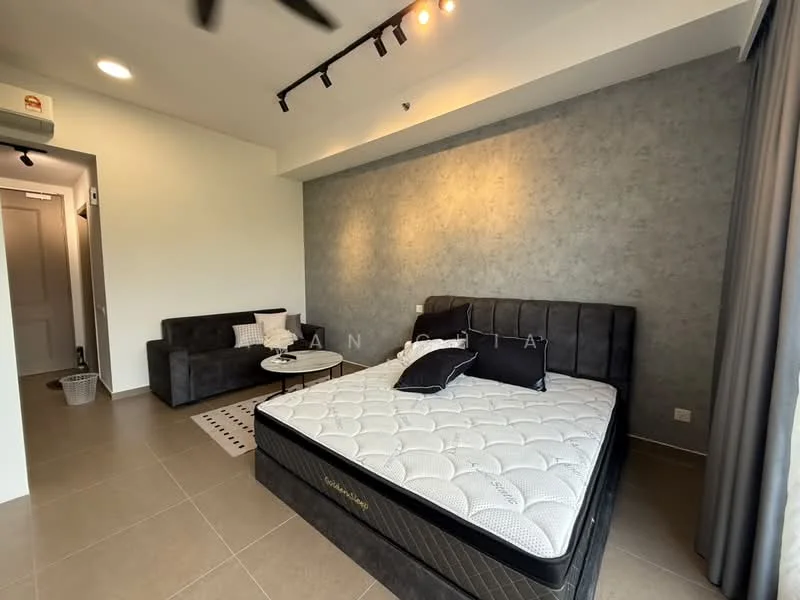 Bedroom features: queen-size bed with black upholstered headboard, grey accent wall, light grey walls, recessed downlights, 5-blade ceiling fan, large window with sheer curtains, tile flooring, sofa in dark grey fabric, round coffee table, decorative throw pillows; style: modern.
