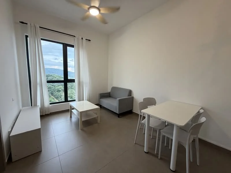 Living features: grey fabric sofa, white coffee table, white dining table, 4 white dining chairs, floor-to-ceiling windows, sheer curtains, ceiling fan, light grey tiled flooring, white painted walls; style: modern; view: mountain.