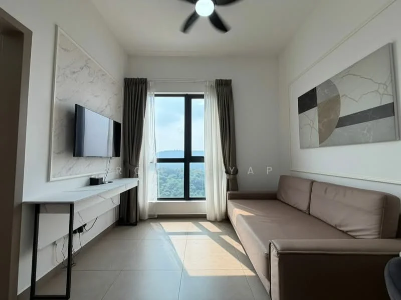 Living features: 3-seater fabric sofa in beige, wall-mounted TV, white console table, floor-to-ceiling window, curtains in grey, light-colored wall with marble accents, ceiling fan, tile flooring, decorative wall art; style: modern; view: mountain.