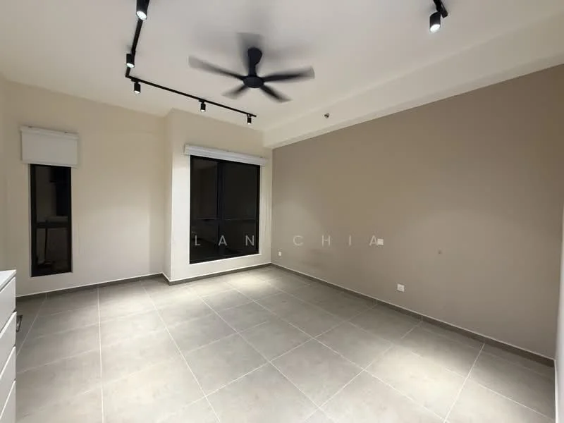 Room features: grey tiled flooring, light beige painted walls, recessed LED downlights, 5-blade ceiling fan, large window with black frame, roller blinds, no visible furniture, minimalist decor; style: modern.