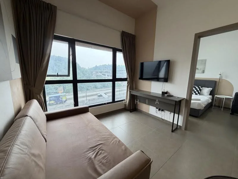 Living features: brown leather sofa, floor-to-ceiling windows, curtains, wall-mounted TV, TV console, grey tiled flooring, decorative wall art, mountain view; style: modern; view: mountain. Room features: bed with white bedding, nightstand, lamp.